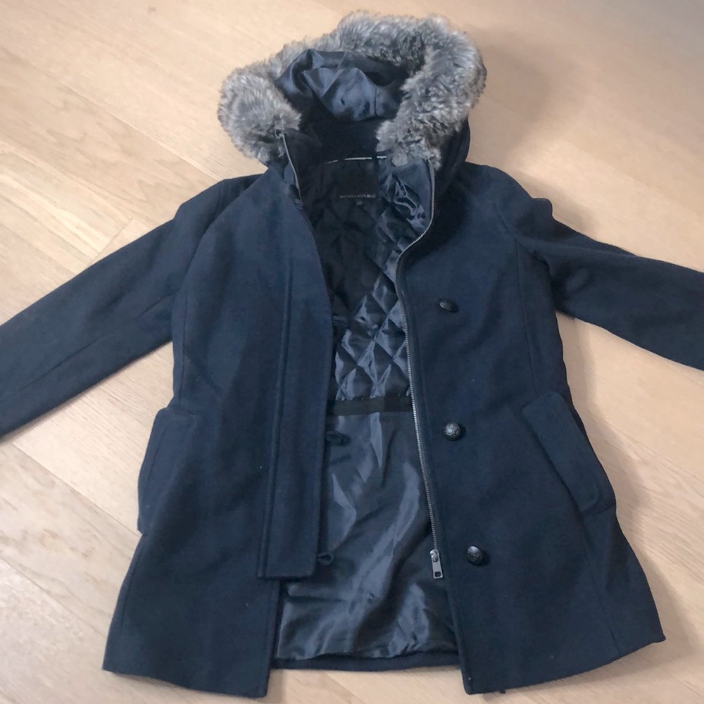 Banana Republic Wool Melton Parka Navy Fur Trim